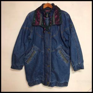 Vintage Denim Embroidery With Satin Insets Softly Lined Parka Length Coat Jacket